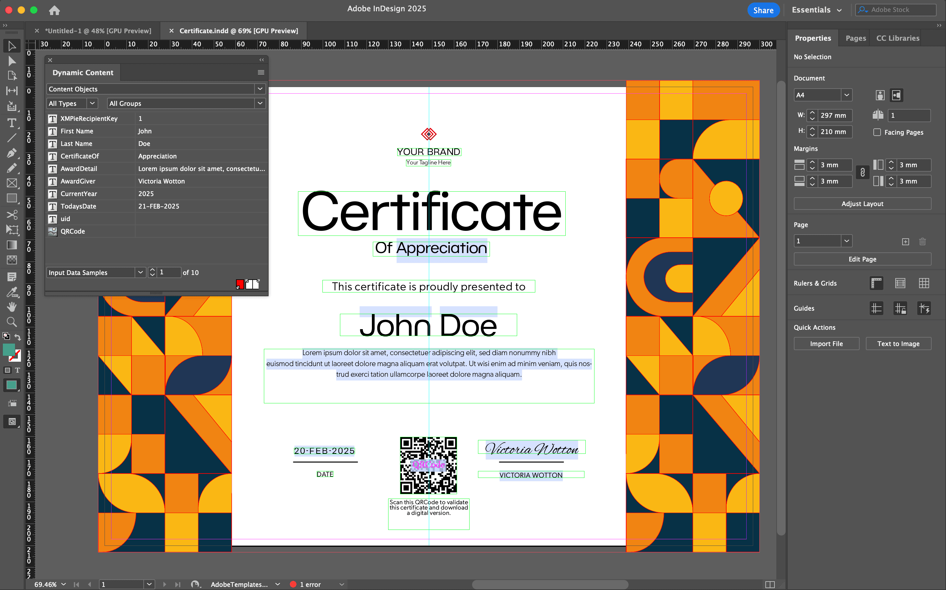 Certificate template in Adobe InDesign